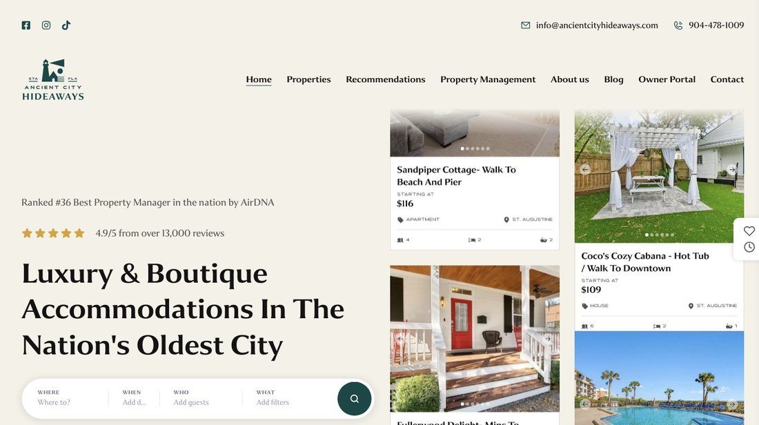 Ancient City Hideaways homepage