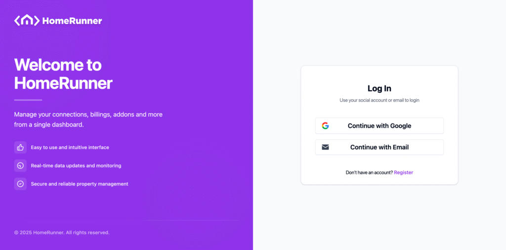 homerunner customer dashboard login page