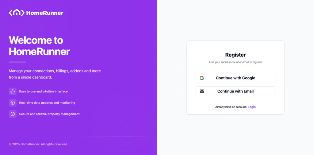 Homerunner customer dashboard register page.