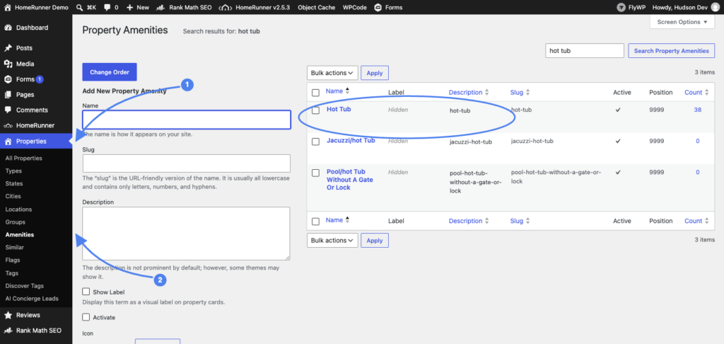 Property Amenities list in the WordPress admin with the Hot Tub slug highlighted