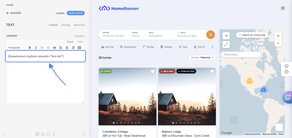 YOOtheme builder text element with the HomeRunner Explorer shortcode and the live filtered preview