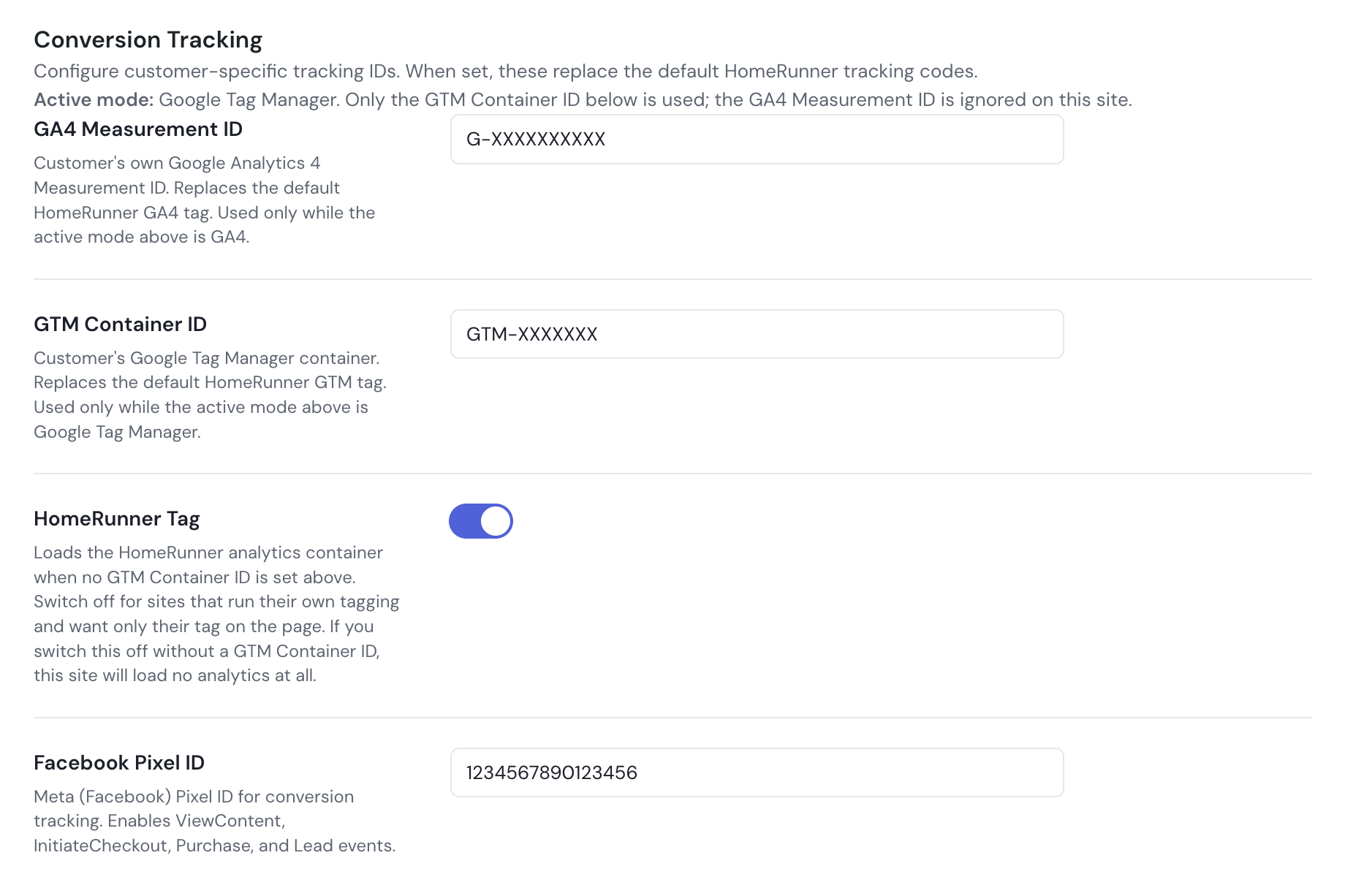 Conversion Tracking settings in the HomeRunner Toolkit hub: GA4 Measurement ID, GTM Container ID and Facebook Pixel ID fields