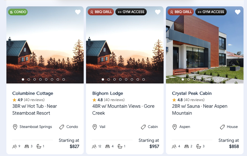 Search result cards with a star, the average rating and the review count under each home name