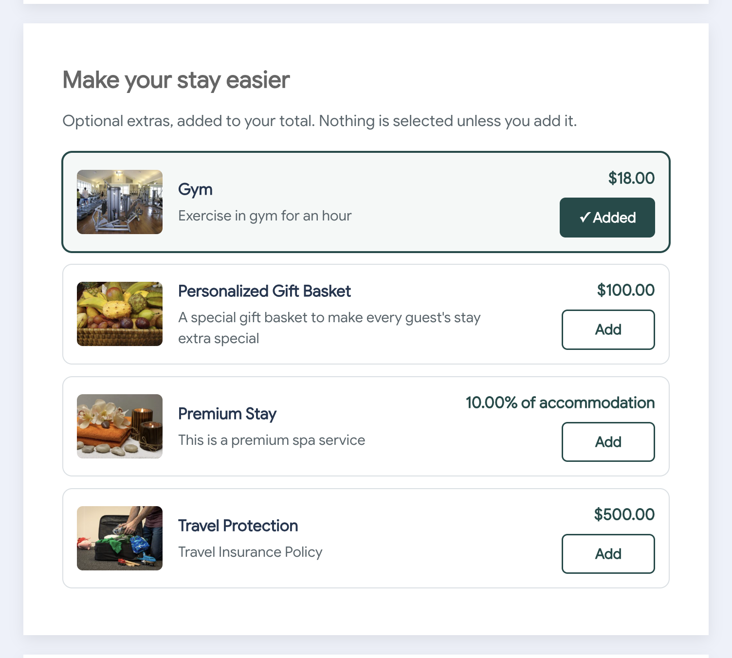 The Add-On Showcase section on a HomeRunner checkout page: a heading, an introduction and four add-on cards, each with a photo, a name, a short description, a price and an Add button; the first card is marked Added