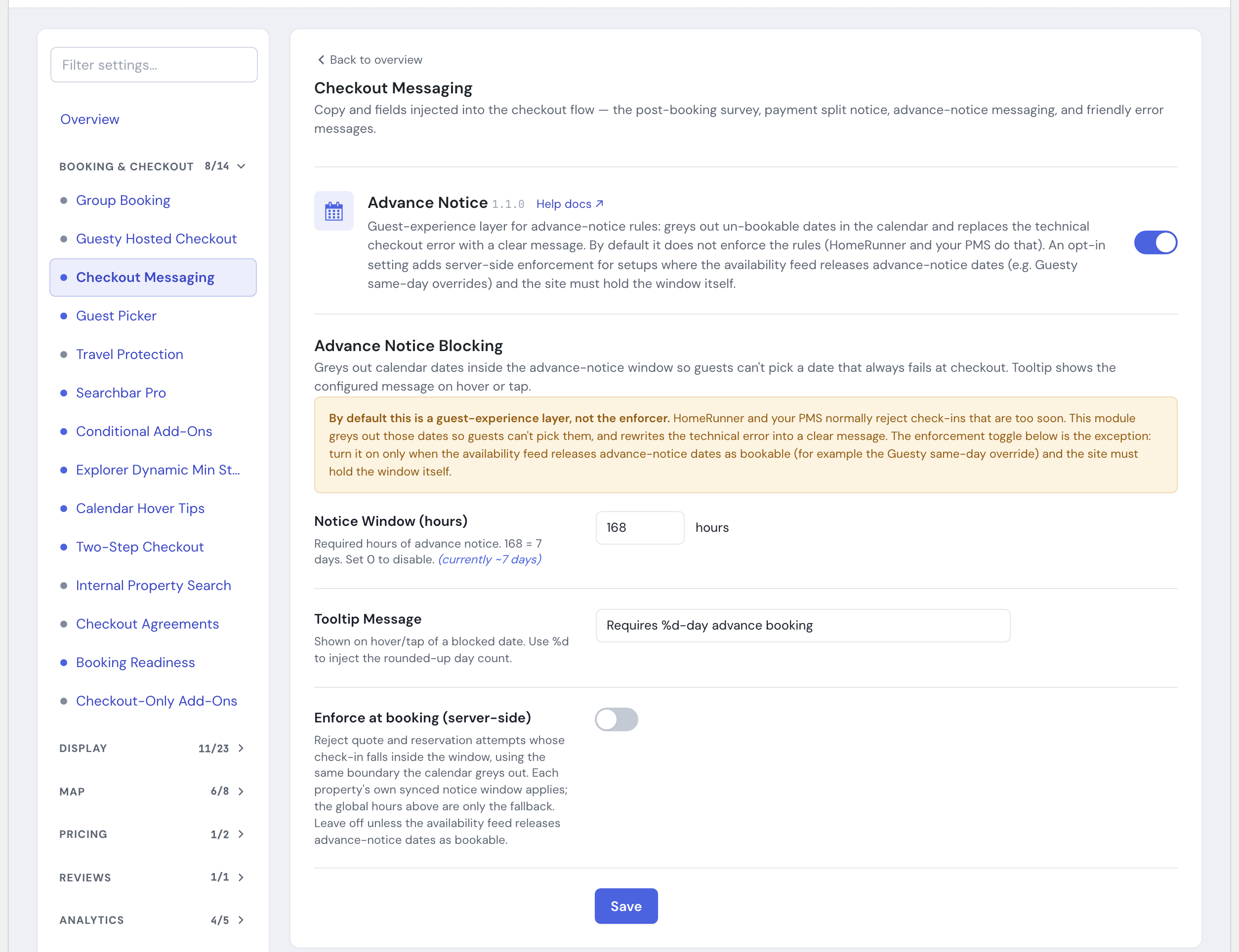 The Advance Notice module in the HomeRunner Toolkit Hub, with its switch and settings
