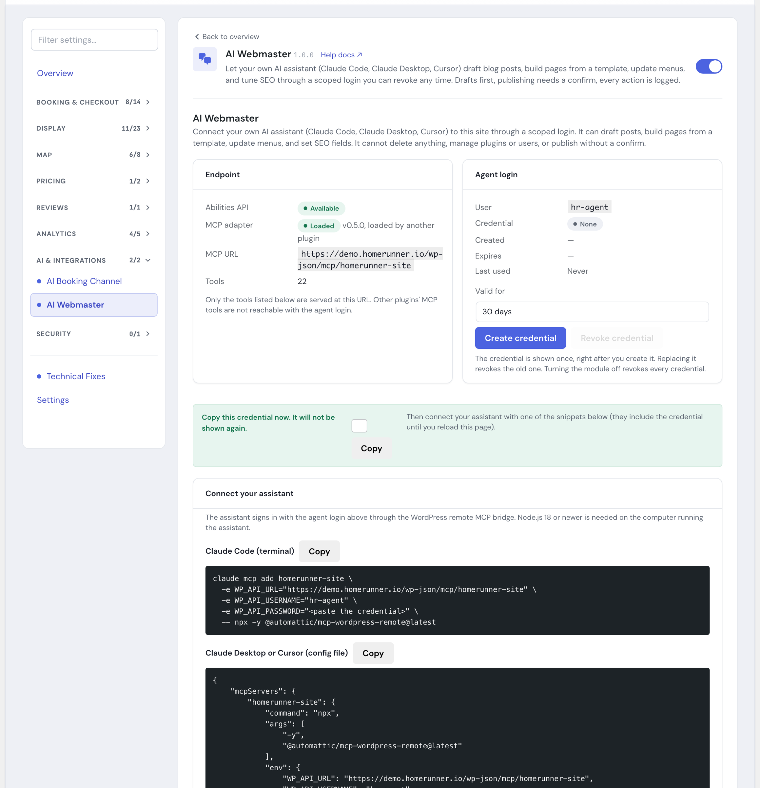 The AI Webmaster module in the HomeRunner Toolkit Hub, with its switch and settings