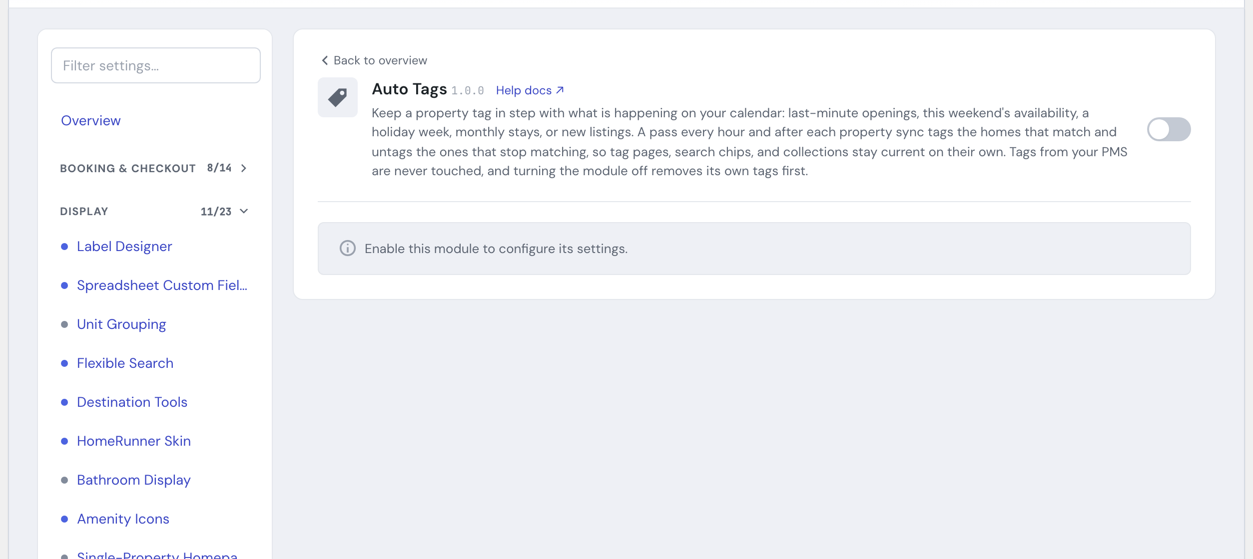 The Auto Tags module in the HomeRunner Toolkit Hub, with its on/off switch
