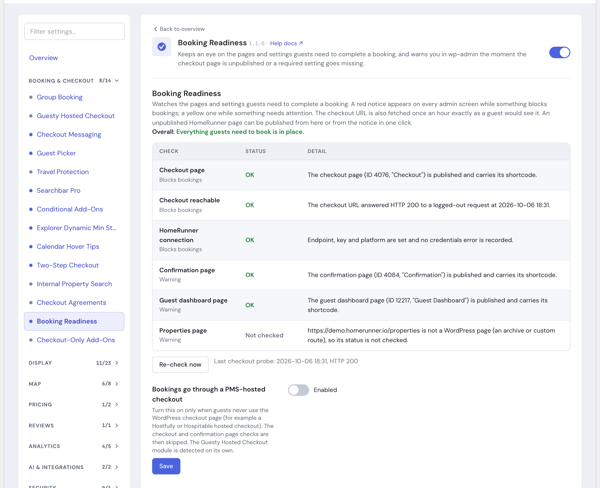 The Booking Readiness module in the HomeRunner Toolkit Hub, with its switch and settings