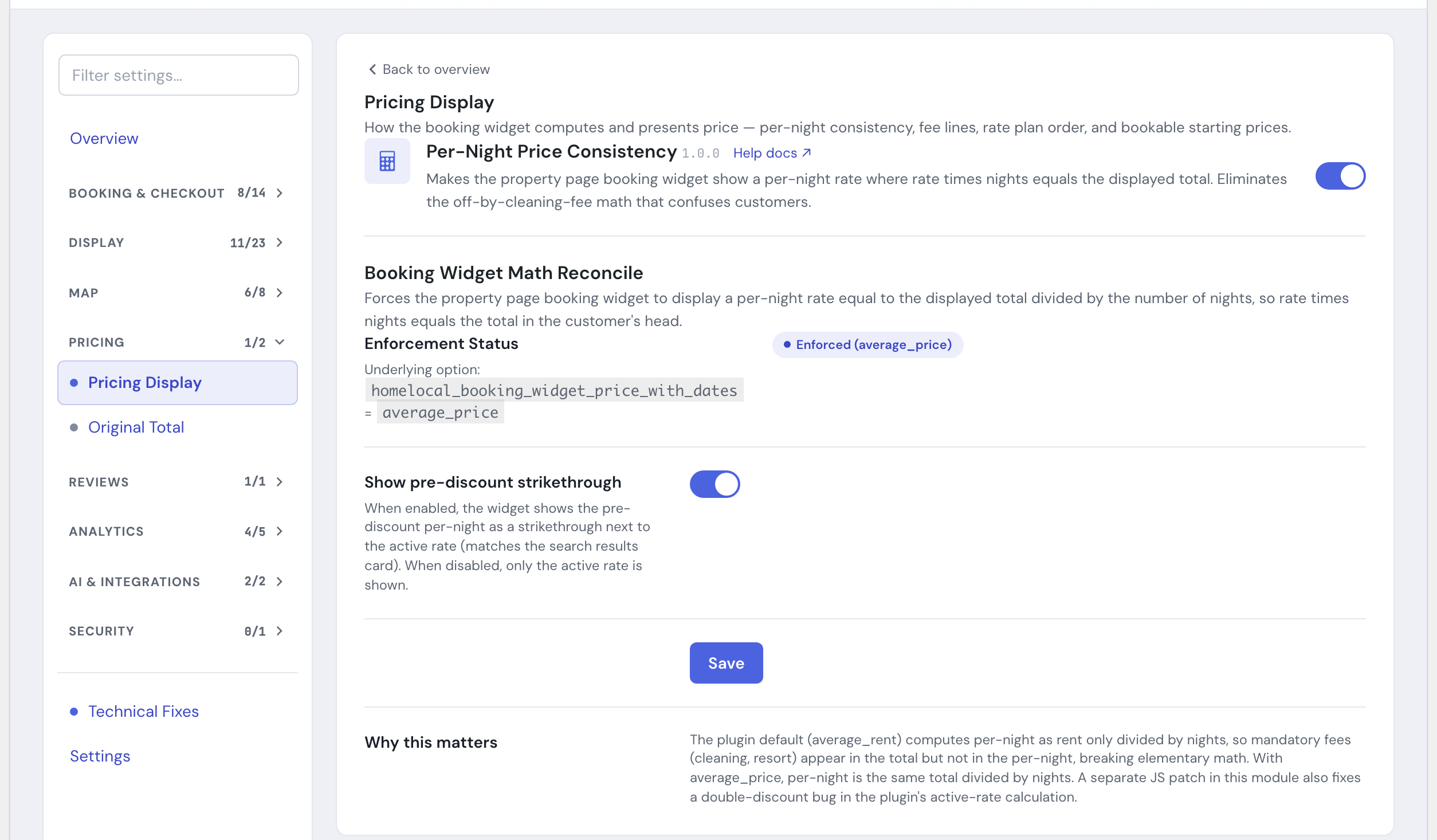 The Booking Component Math Reconcile module's settings in the HomeRunner Toolkit Hub