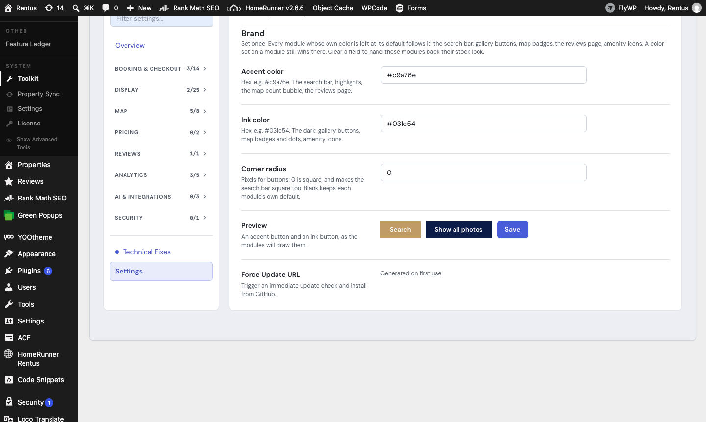 The Brand section on the Toolkit Settings tab: accent color, ink color, corner radius, and a preview of an accent button and an ink button.
