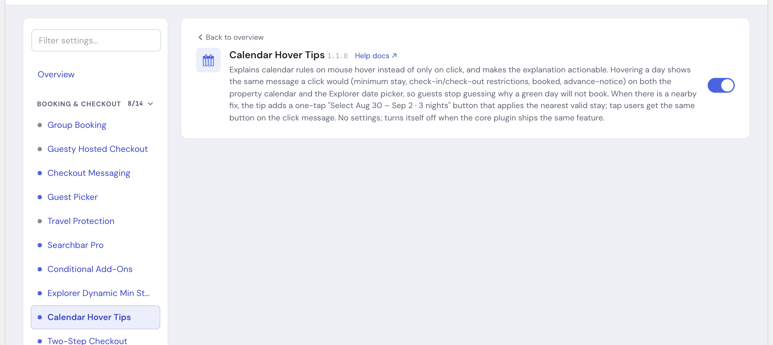The Calendar Hover Tips module in the HomeRunner Toolkit Hub, with its on/off switch