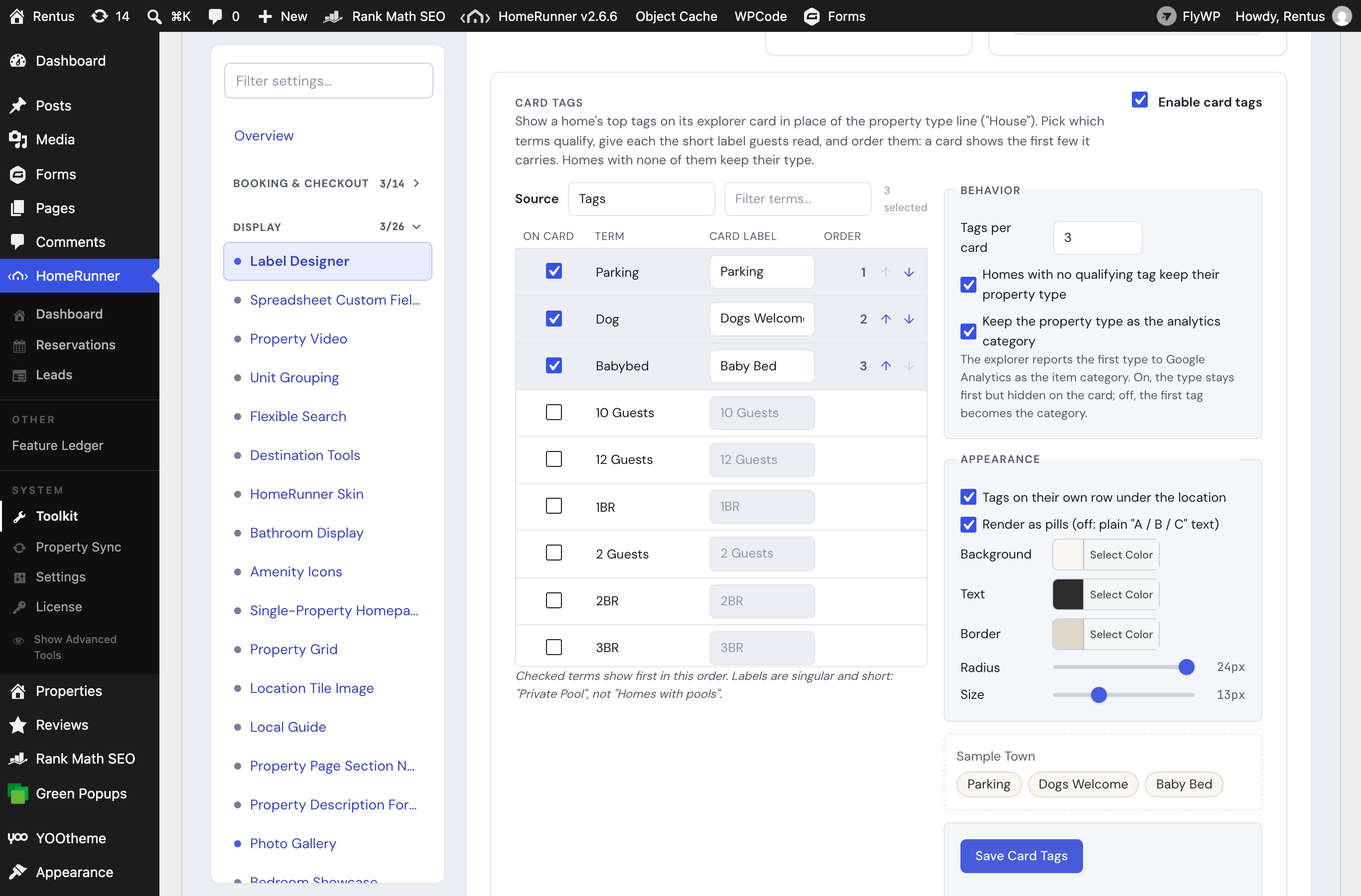 The Card tags section of the Label Designer tab with three terms selected and ordered