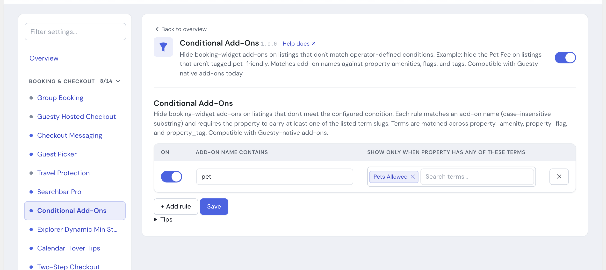 The Conditional Add-Ons module in the HomeRunner Toolkit Hub, with its switch and settings