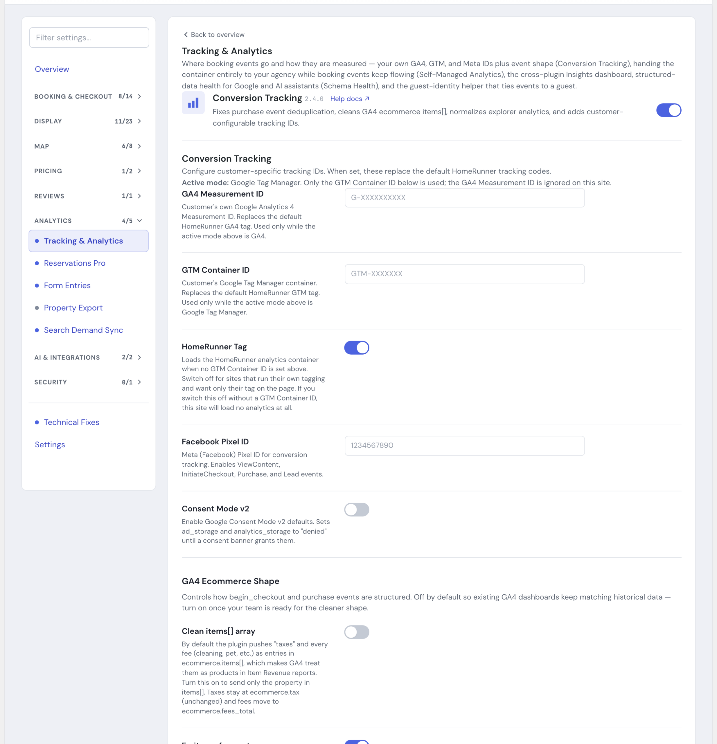 The Conversion Tracking module in the HomeRunner Toolkit Hub, with its switch and settings