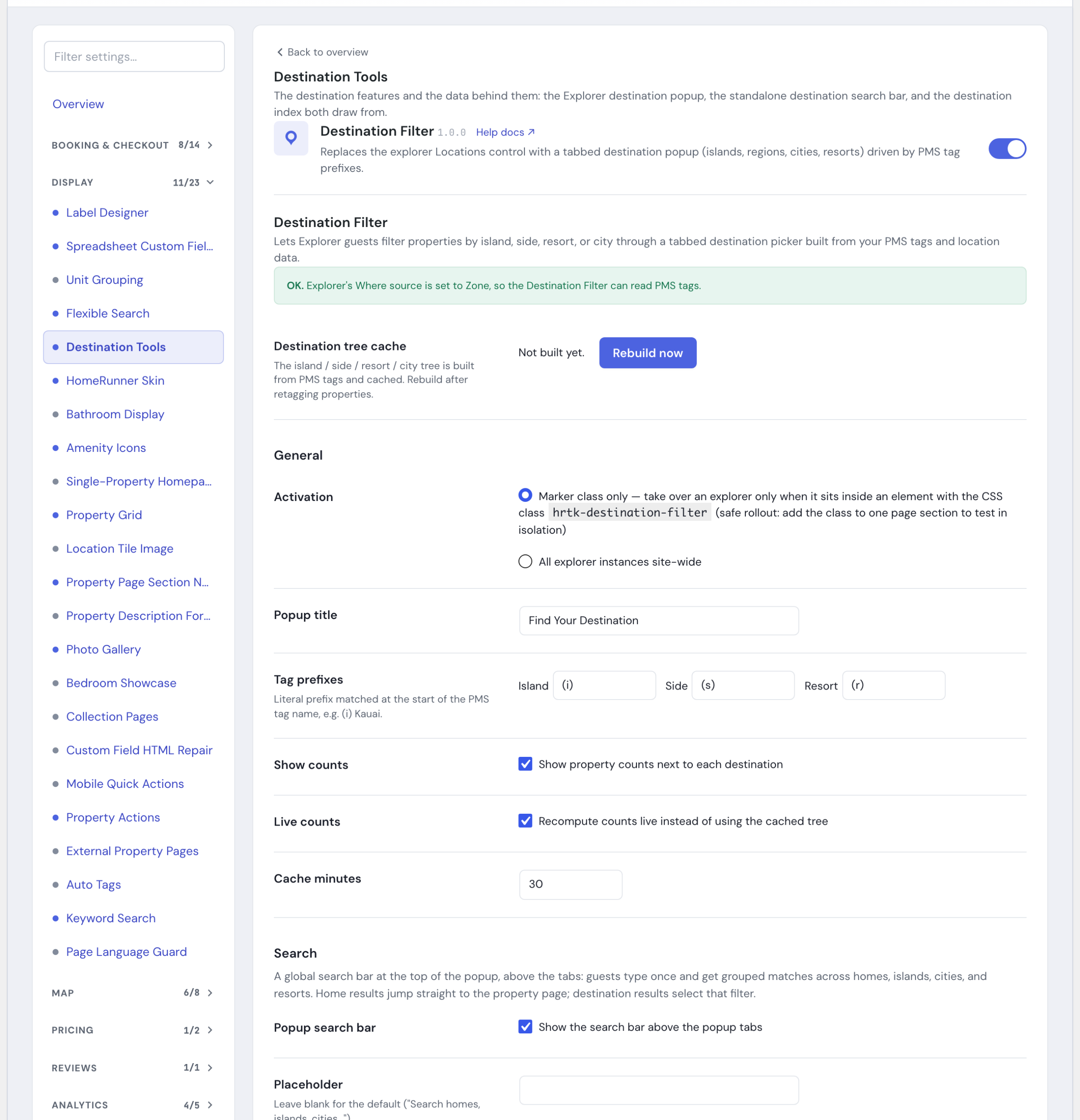 The Destination Filter module's settings in the HomeRunner Toolkit Hub