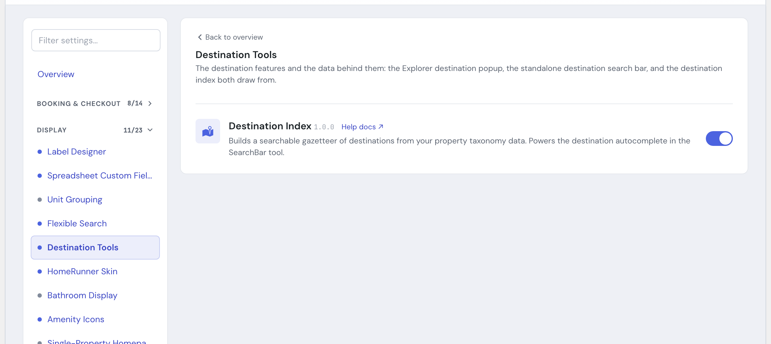 The Destination Index module in the HomeRunner Toolkit Hub, with its on/off switch