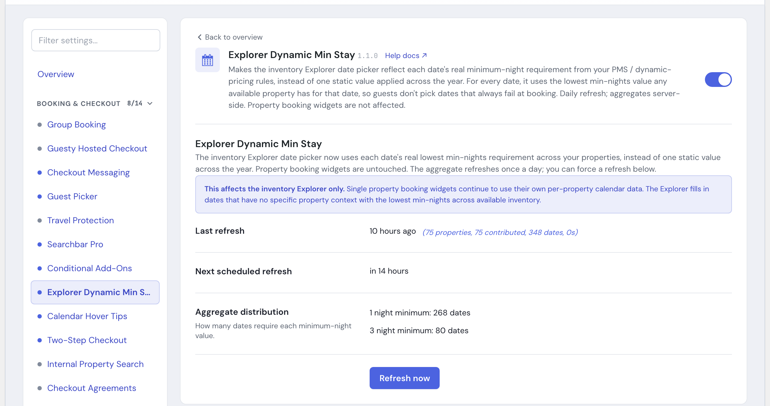 The Explorer Dynamic Min Stay module in the HomeRunner Toolkit Hub, with its switch and settings