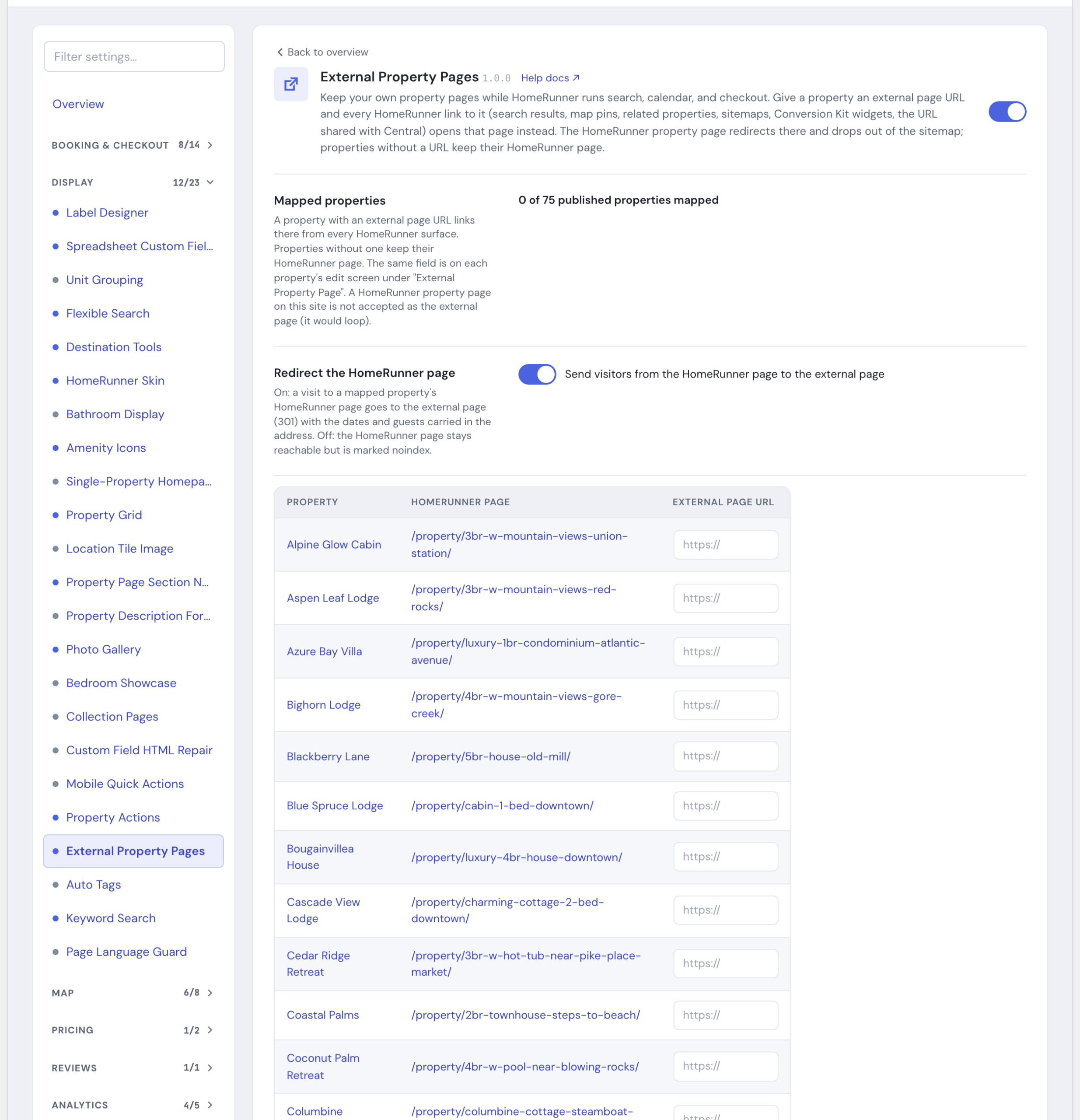The External Property Pages module's settings in the HomeRunner Toolkit Hub