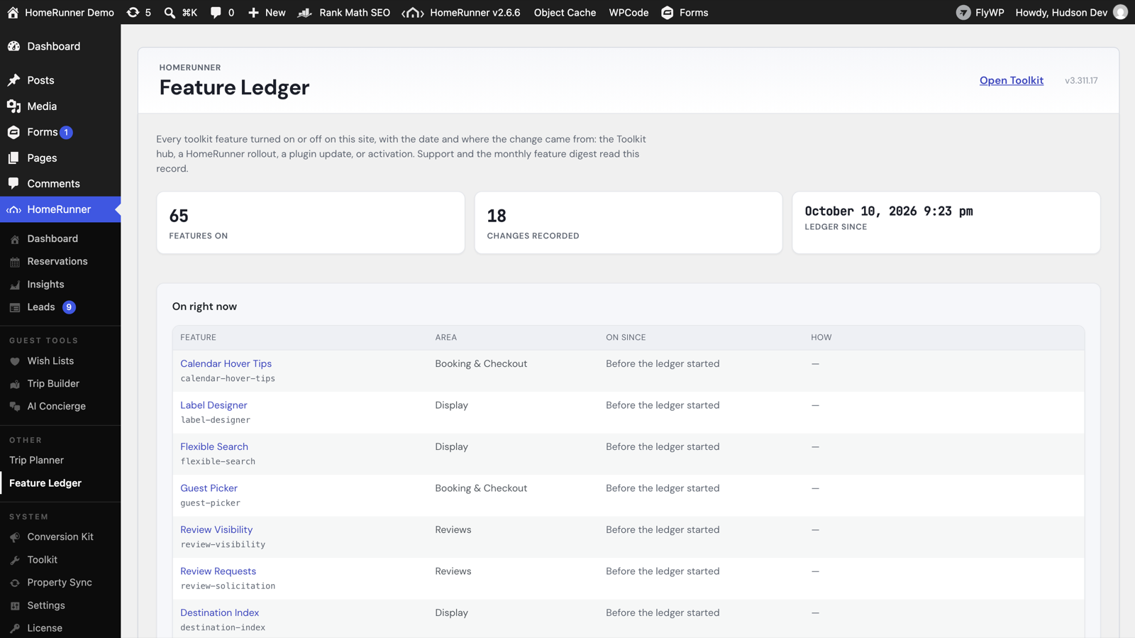 The Feature Ledger page in wp-admin, showing the features on right now and the change history