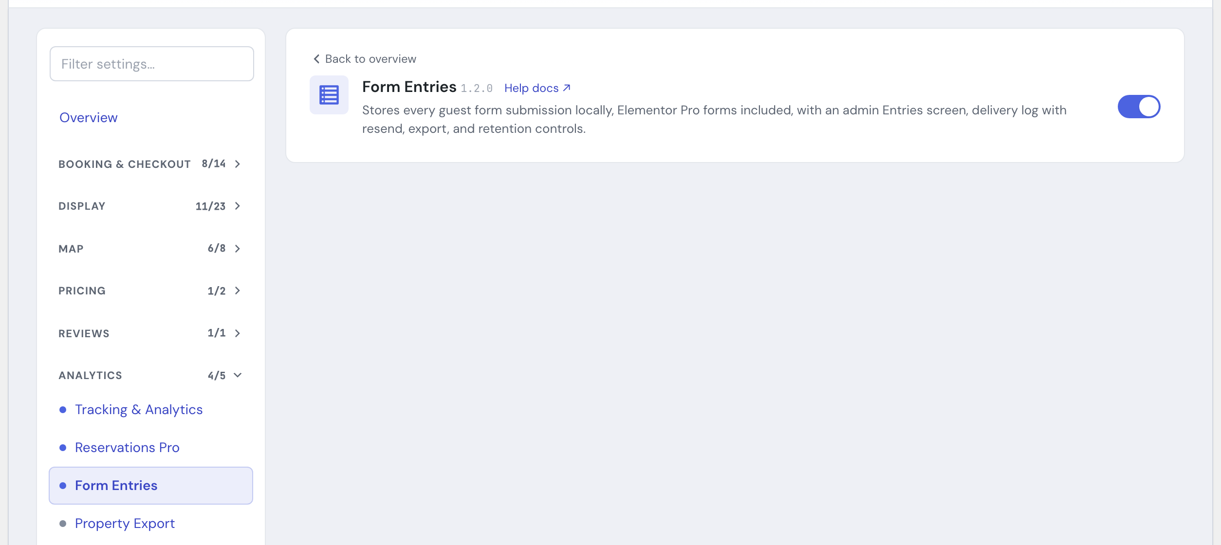 The Form Entries module in the HomeRunner Toolkit Hub, with its on/off switch