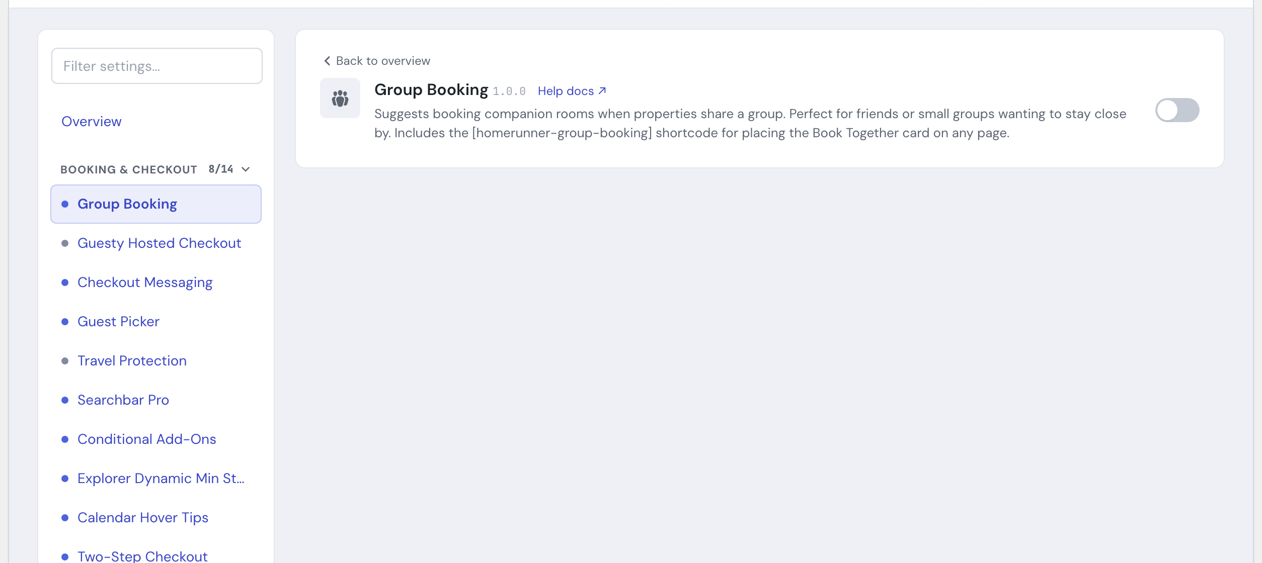 The Group Booking module in the HomeRunner Toolkit Hub, with its on/off switch