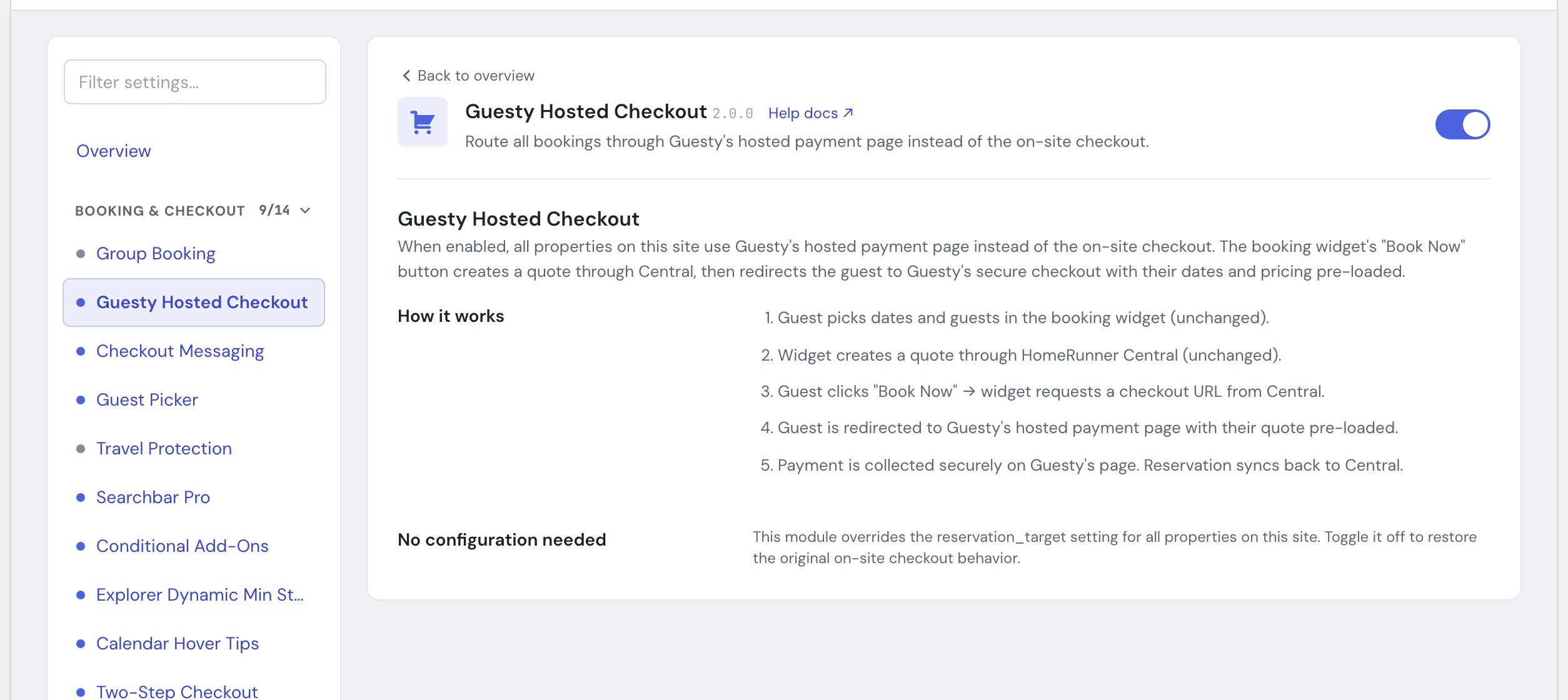 The Guesty Hosted Checkout module's settings in the HomeRunner Toolkit Hub
