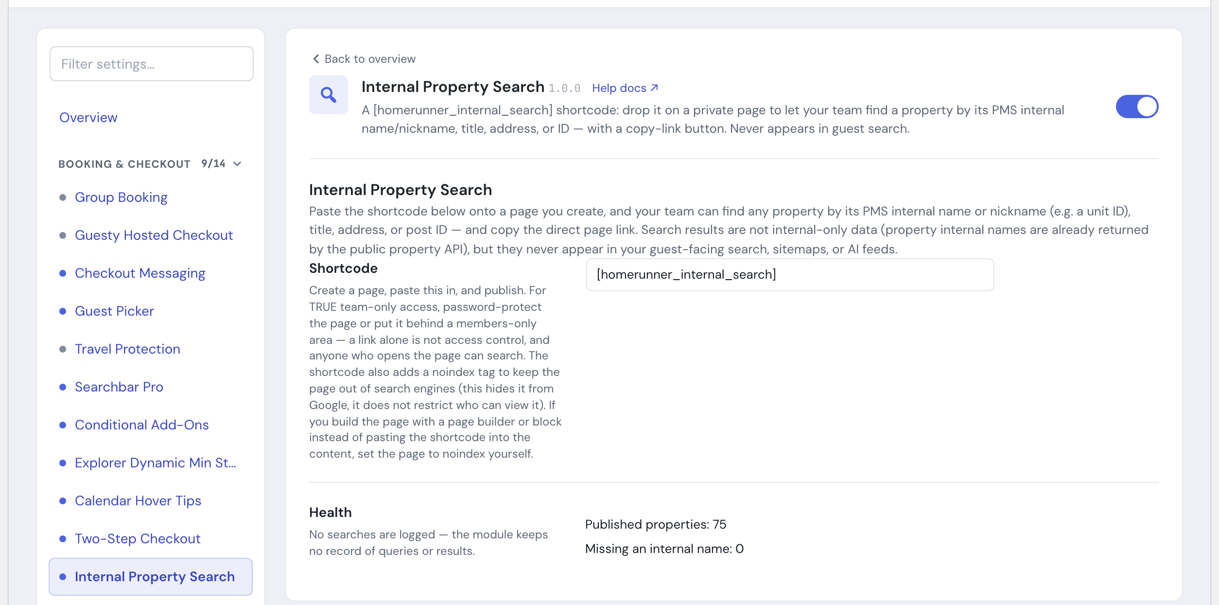 The Internal Property Search module's settings in the HomeRunner Toolkit Hub