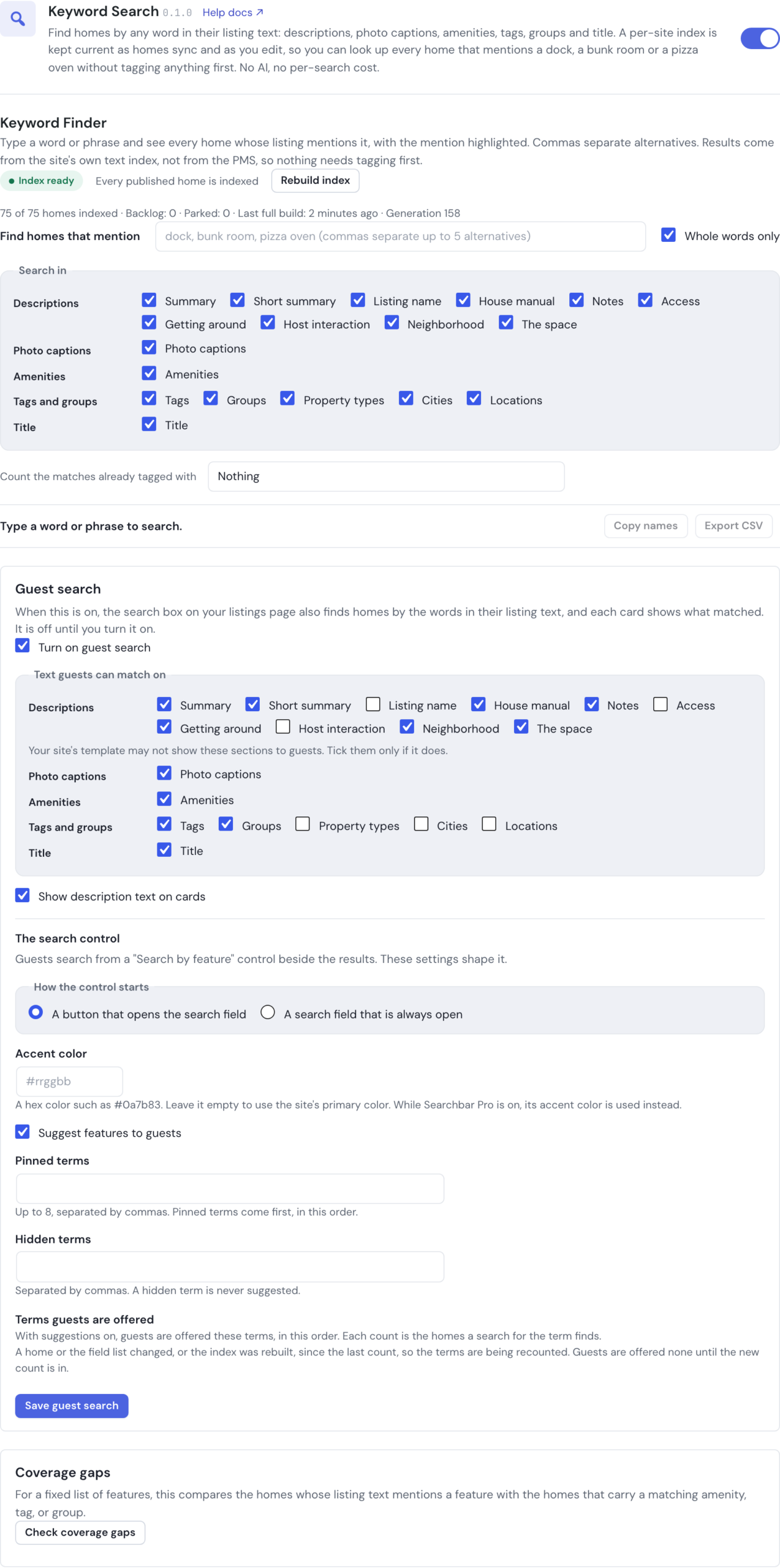 The Keyword Search settings panel in the HomeRunner Toolkit Hub