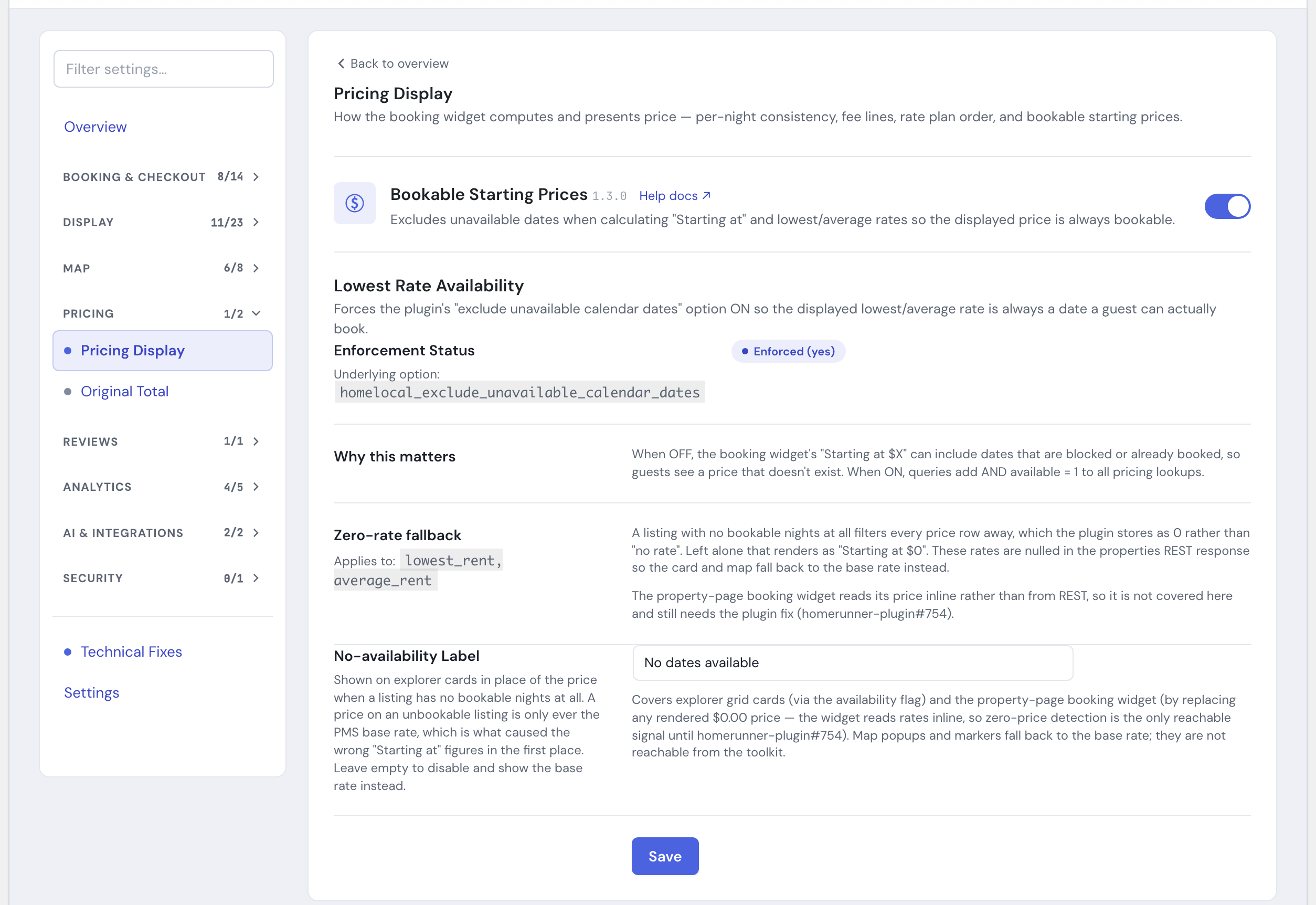 The Lowest Rate Availability module's settings in the HomeRunner Toolkit Hub