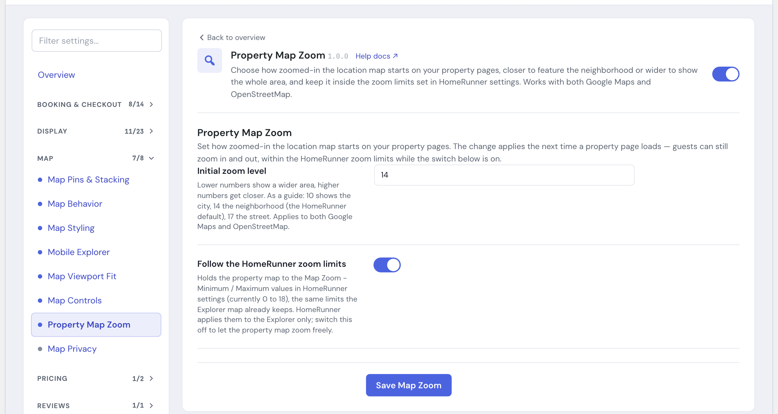 The Property Map Zoom module's settings in the HomeRunner Toolkit Hub