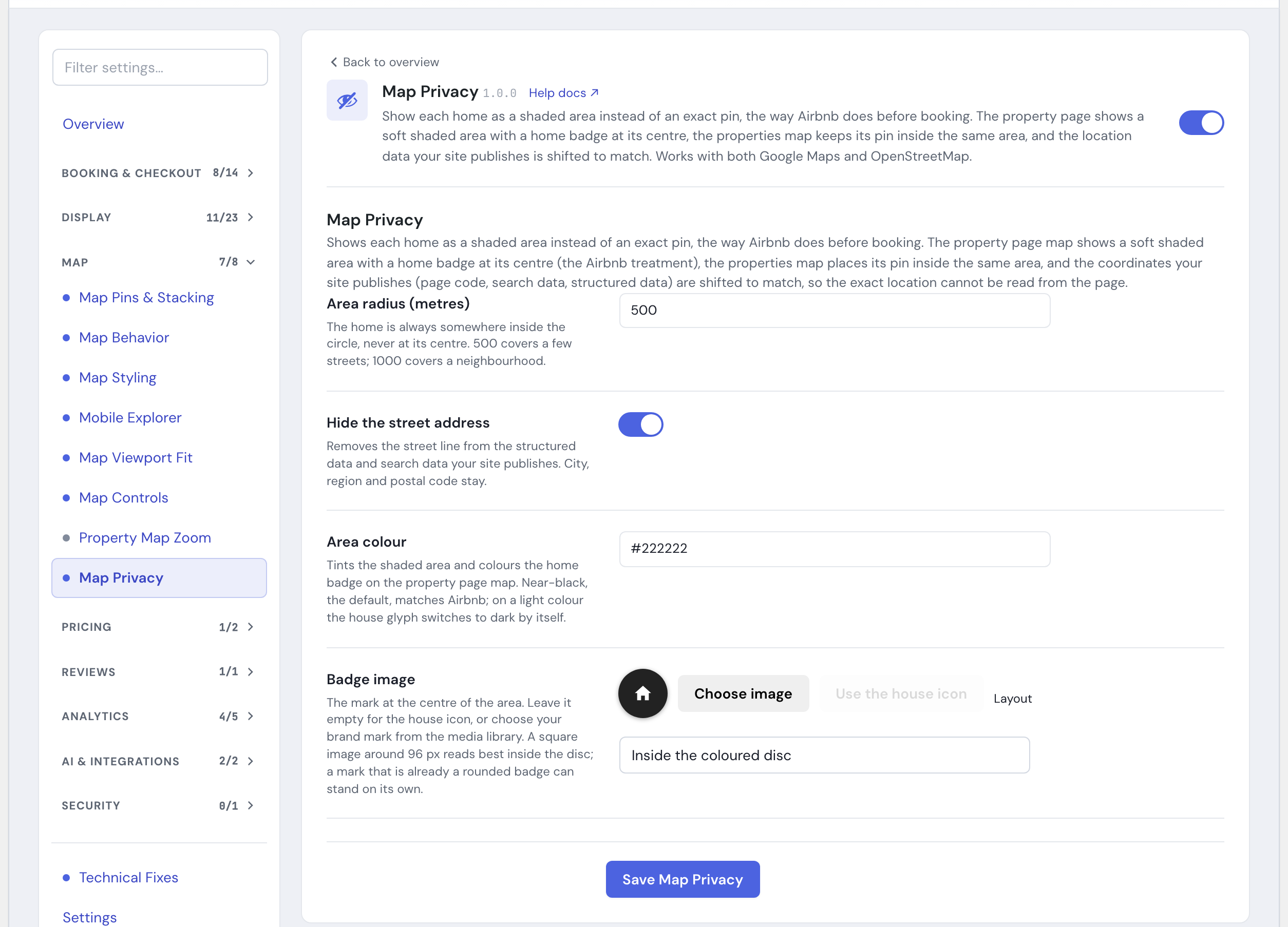 The Map Privacy module's settings in the HomeRunner Toolkit Hub