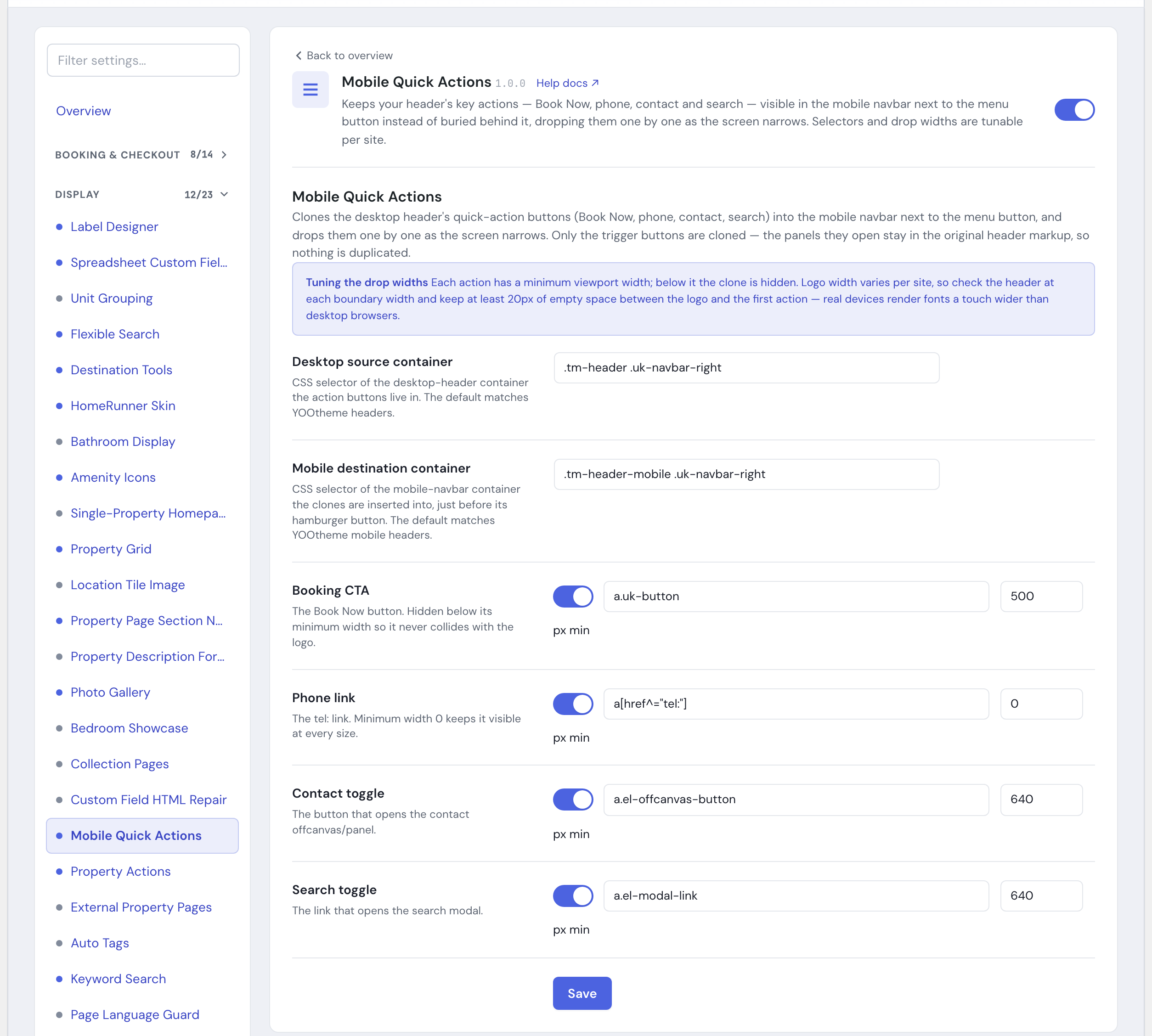 The Mobile Quick Actions module's settings in the HomeRunner Toolkit Hub