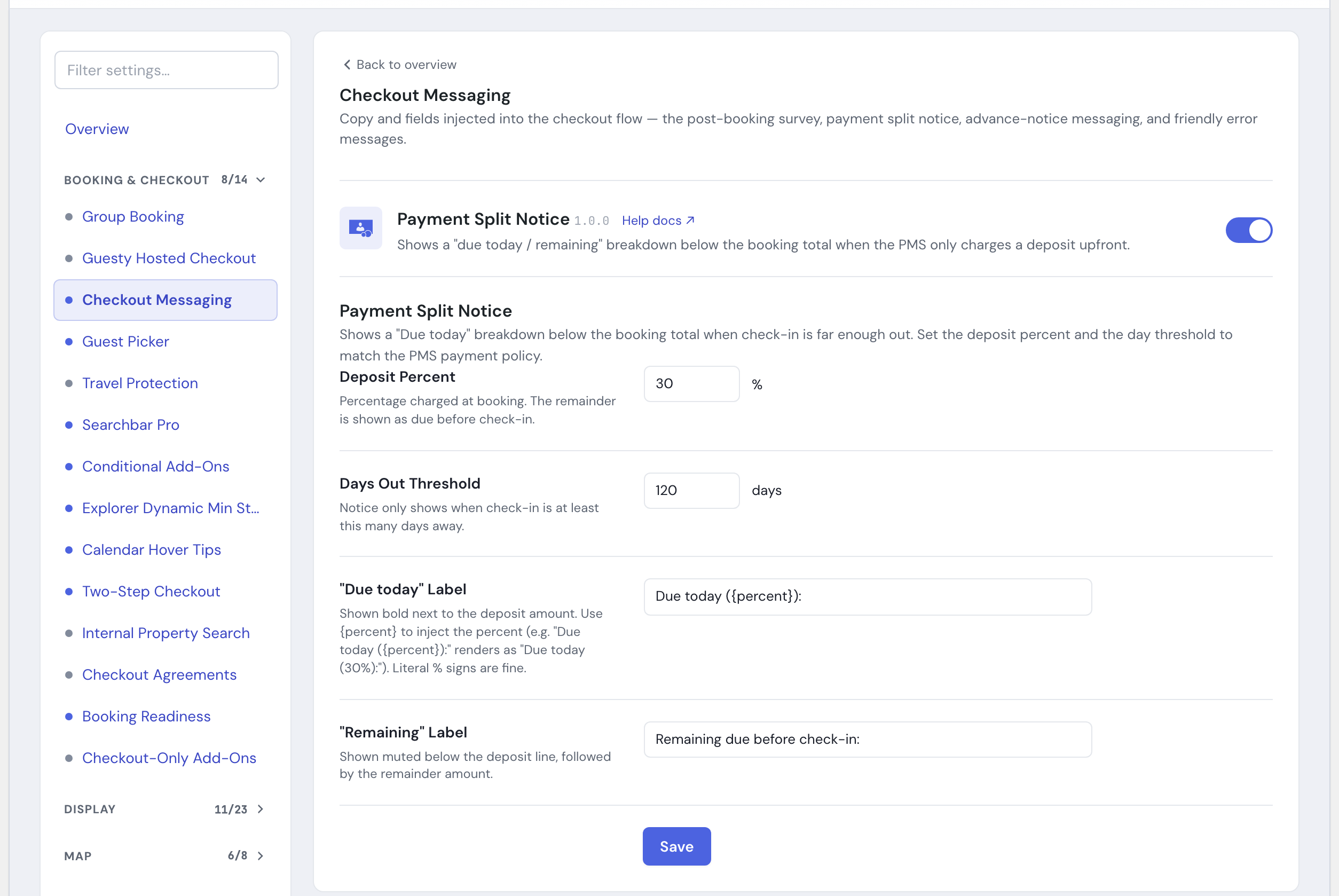 The Payment Split Notice module in the HomeRunner Toolkit Hub, with its switch and settings