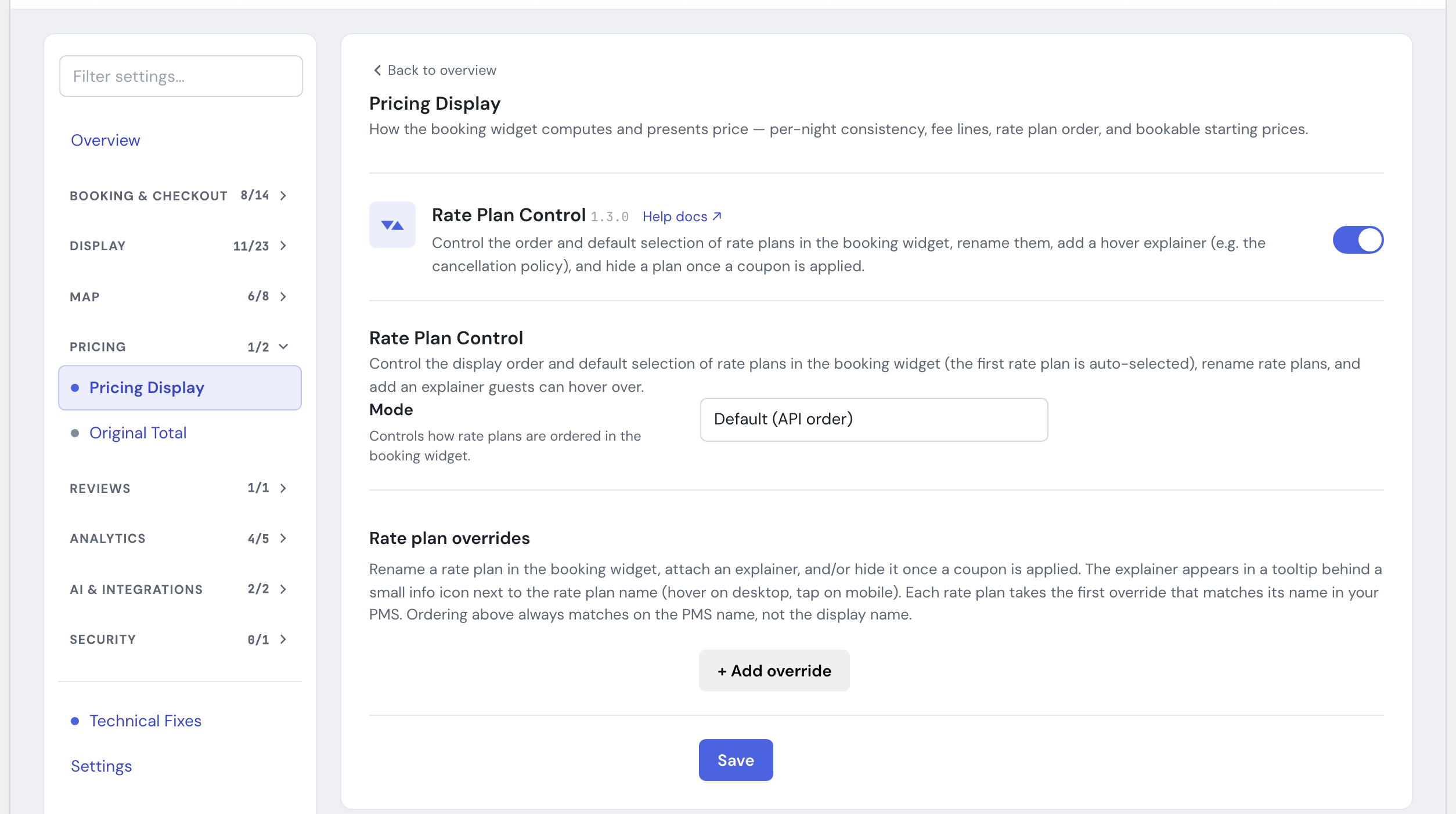 The Rate Plan Control module in the HomeRunner Toolkit Hub, with its switch and settings