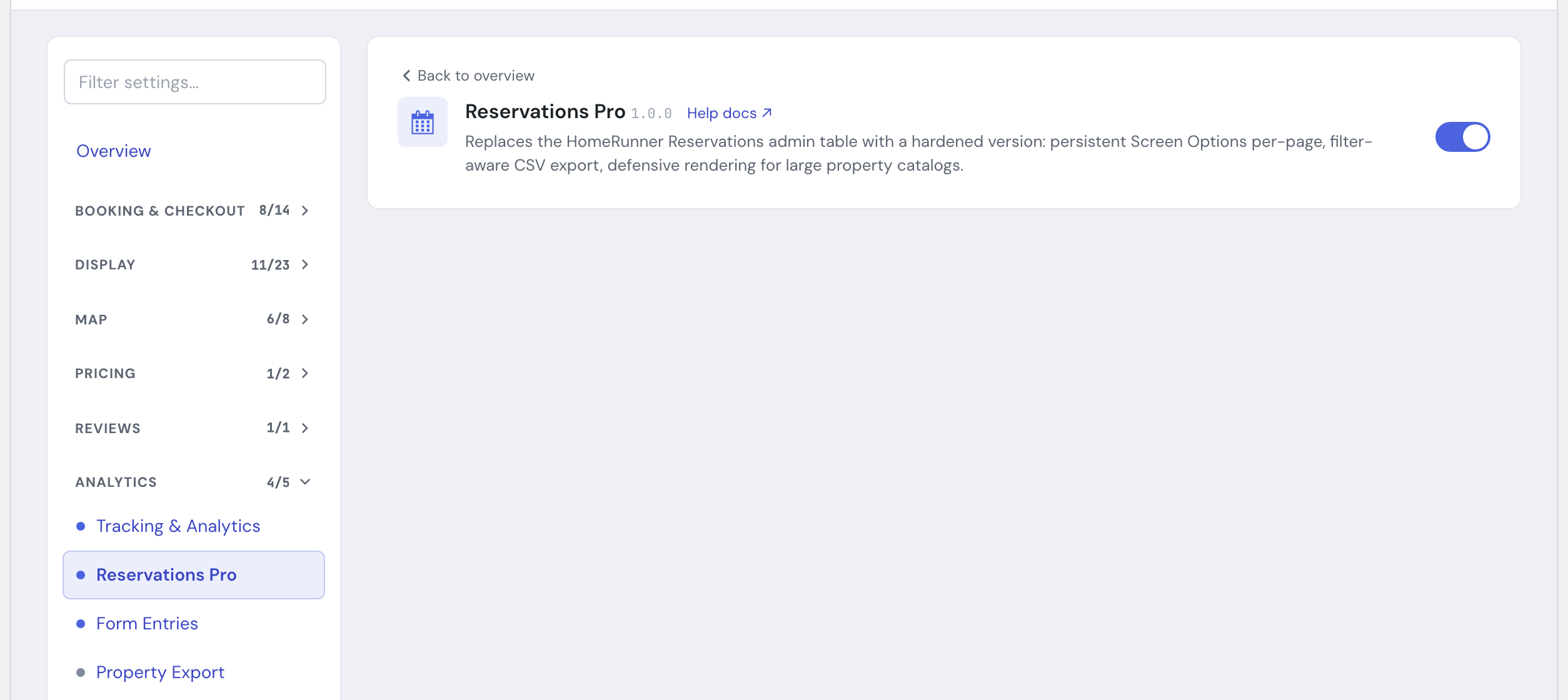 The Reservations Pro module in the HomeRunner Toolkit Hub, with its on/off switch