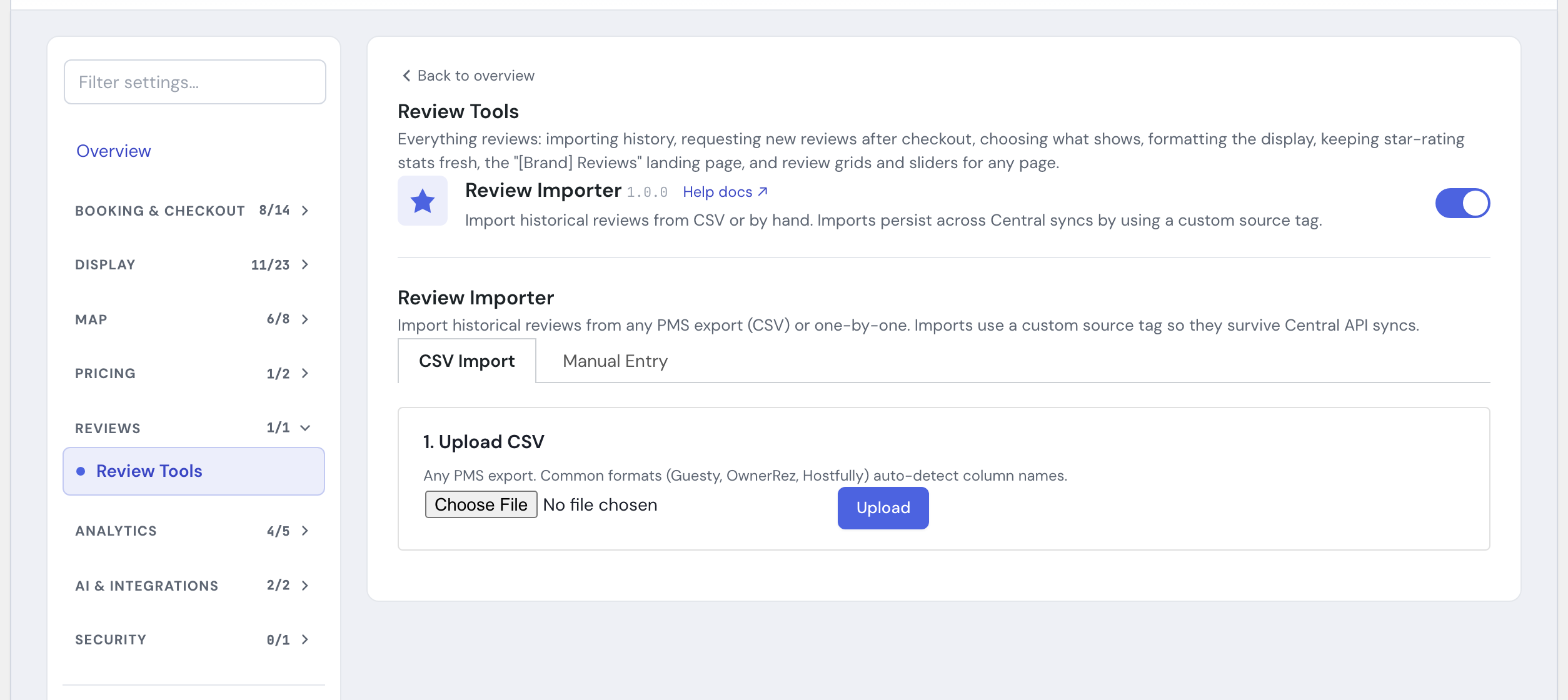 The Review Importer module in the HomeRunner Toolkit Hub, with its switch and settings