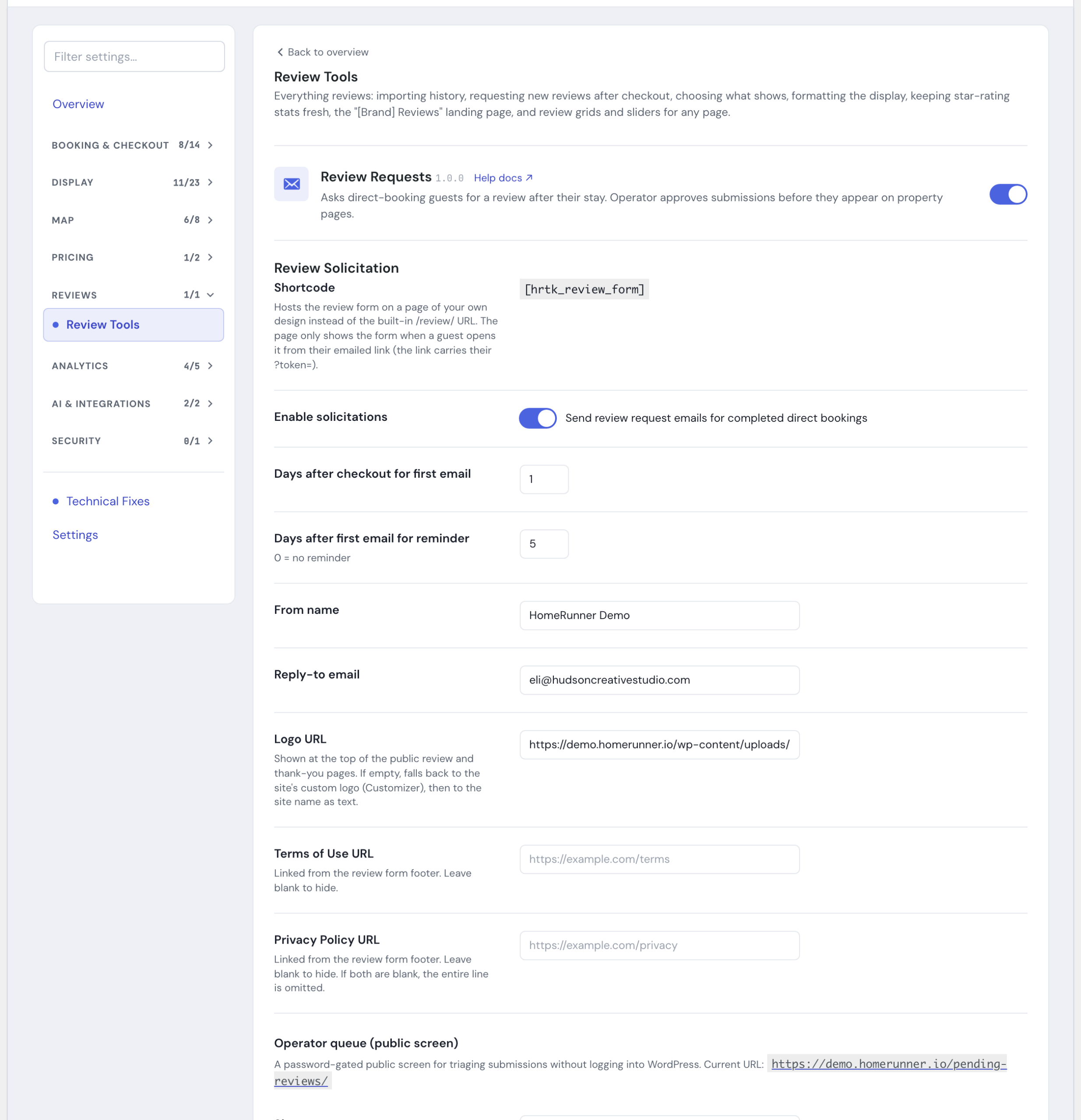 The Review Requests module in the HomeRunner Toolkit Hub, with its switch and settings