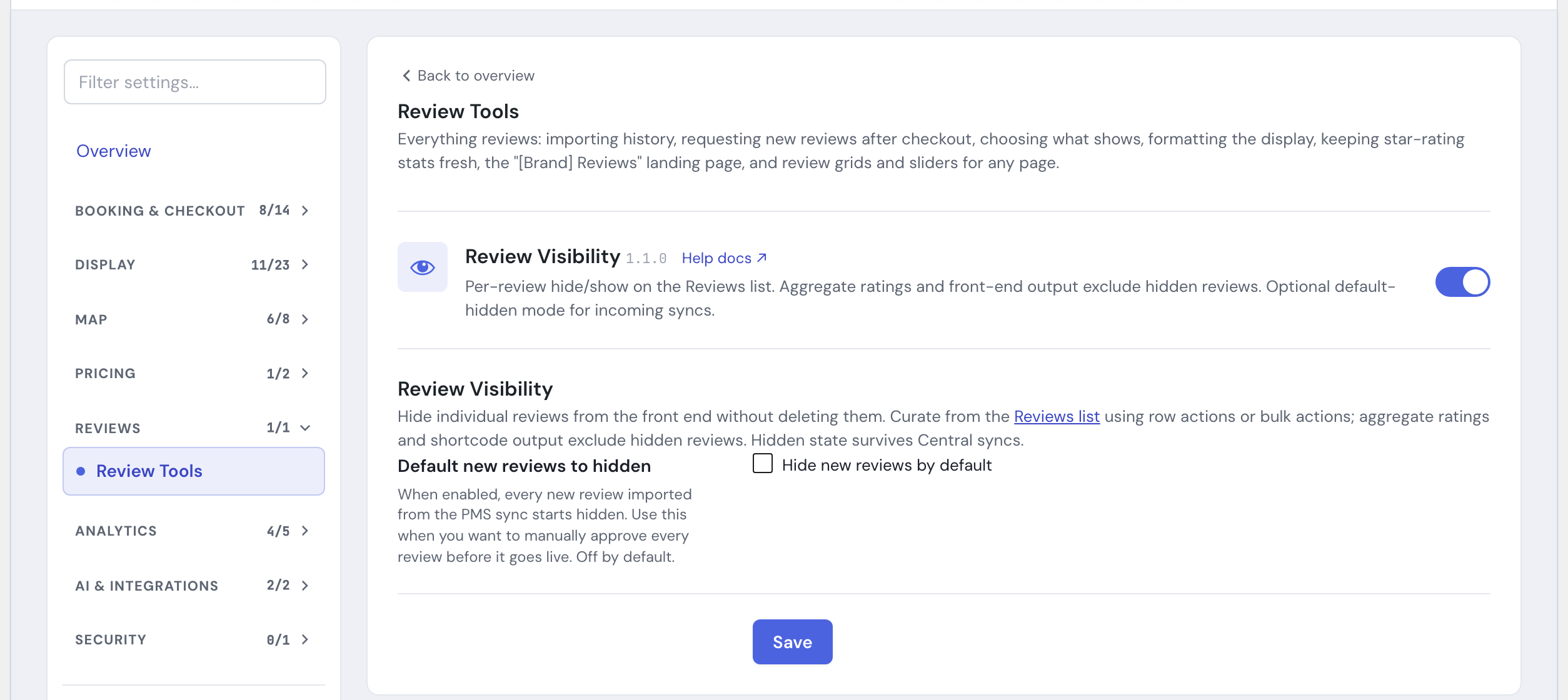 The Review Visibility module in the HomeRunner Toolkit Hub, with its switch and settings