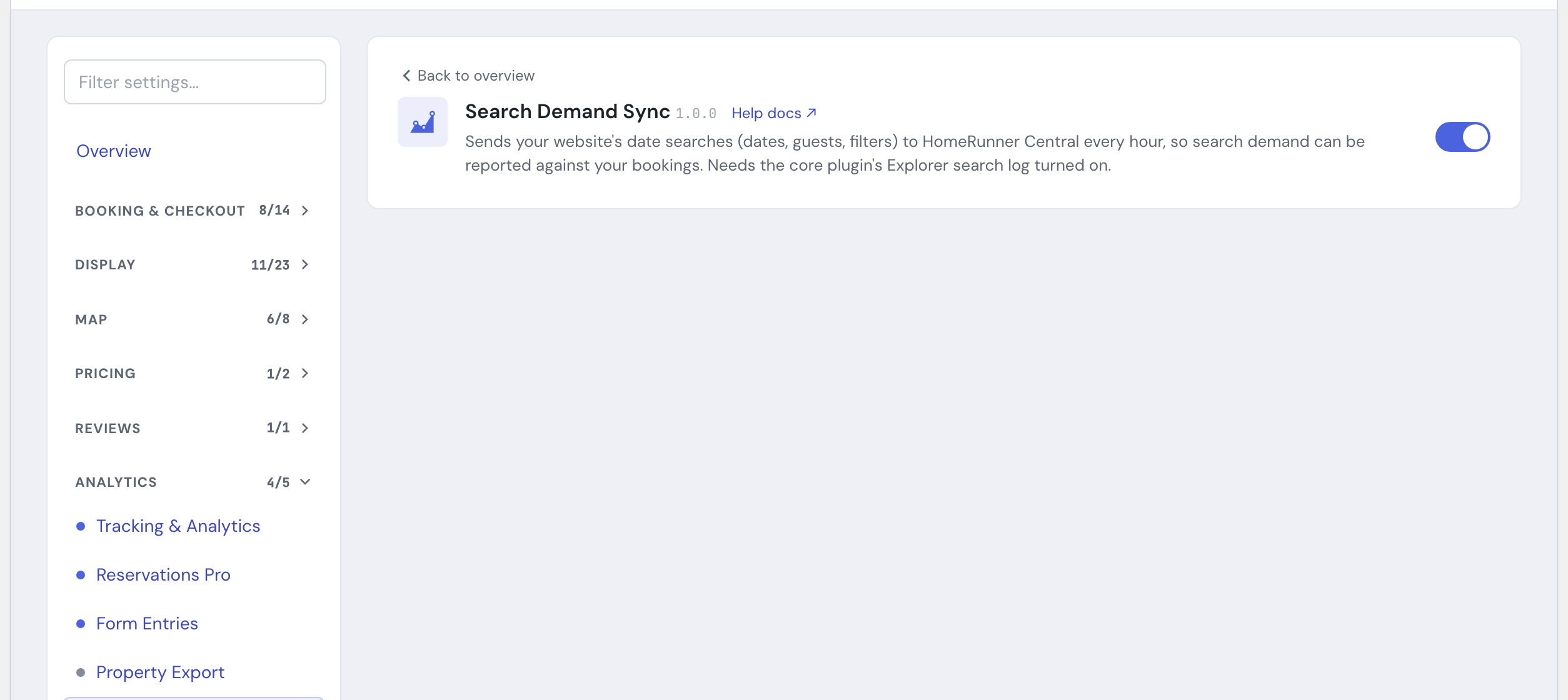 The Search Demand Sync module in the HomeRunner Toolkit Hub, with its on/off switch