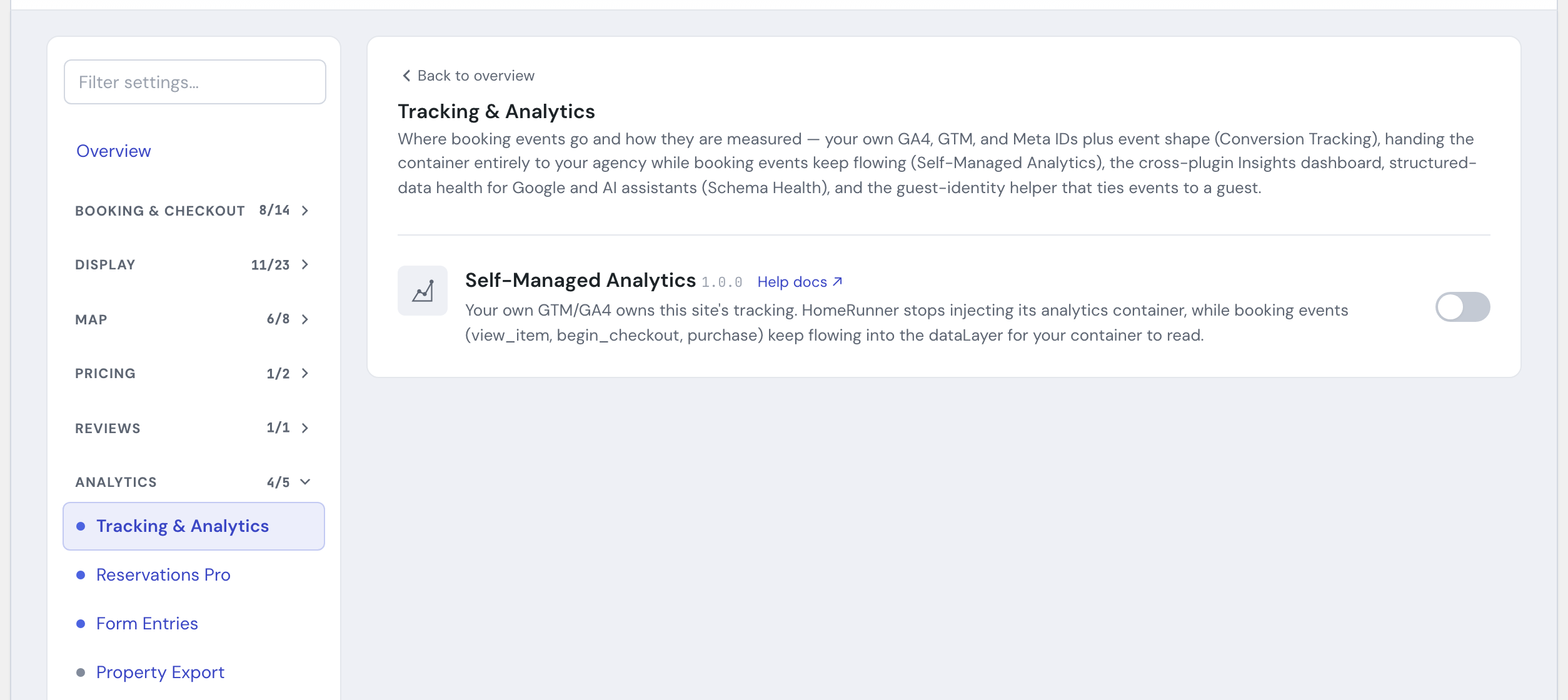 The Self-Managed Analytics module in the HomeRunner Toolkit Hub, with its on/off switch