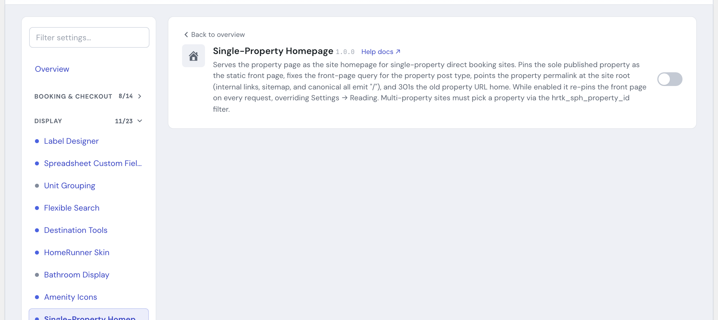 The Single-Property Homepage module in the HomeRunner Toolkit Hub, with its on/off switch