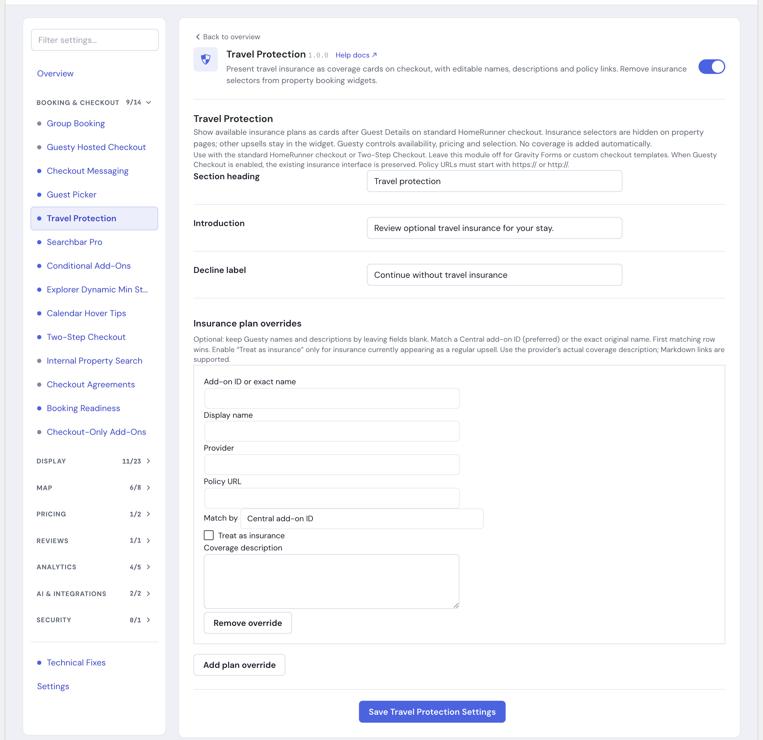 The Travel Protection module's settings in the HomeRunner Toolkit Hub