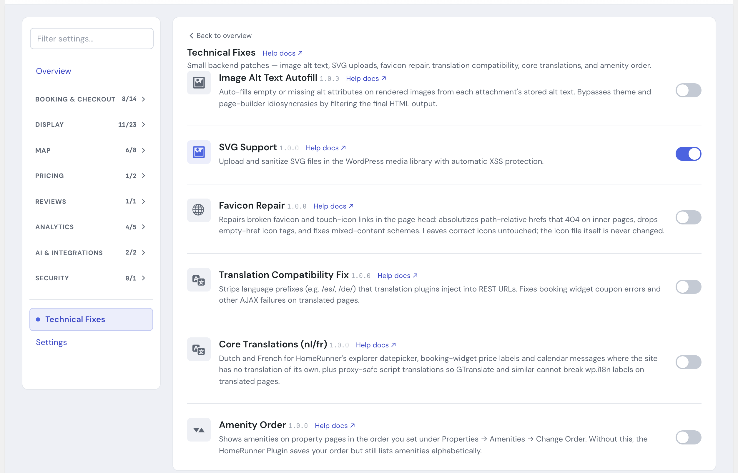 The Technical Fixes group in the HomeRunner Toolkit Hub, one switch per fix